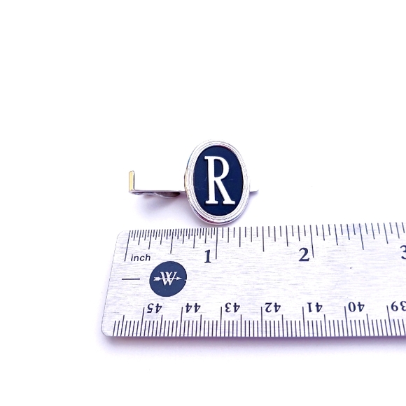 SWANK R TIE CLIP VINTAGE monogram "R" round silvertone 50s 60s silvertone black - Picture 7 of 7